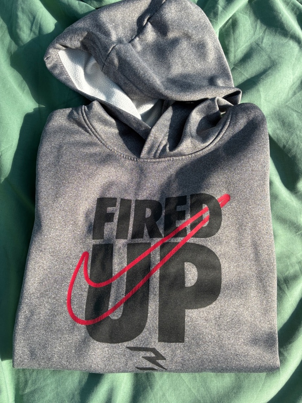 Nike Gray Hoodie with Black 'FIRED UP' Graphic and Red Swoosh